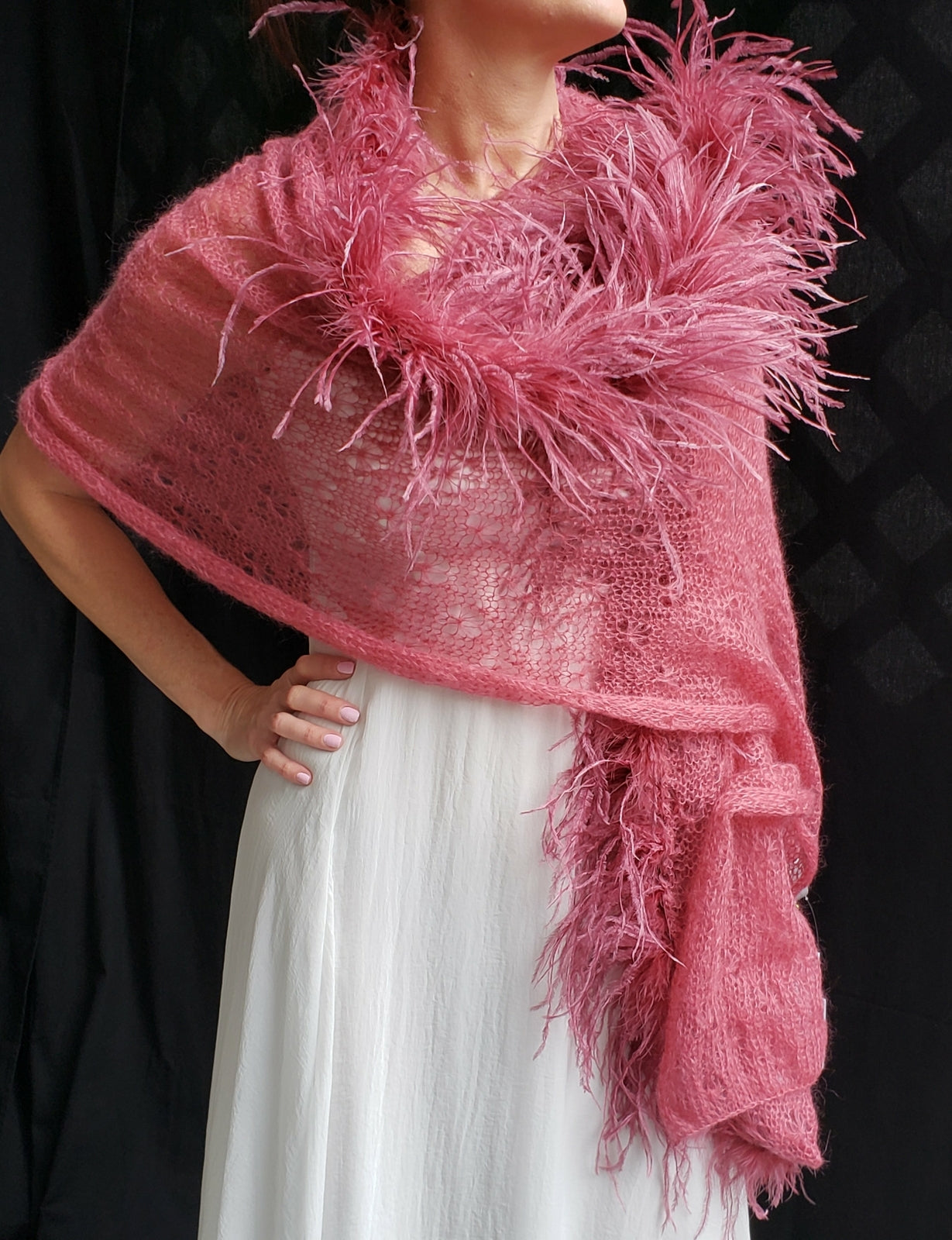 Mohair Lace Shawl with Ostrich Feathers