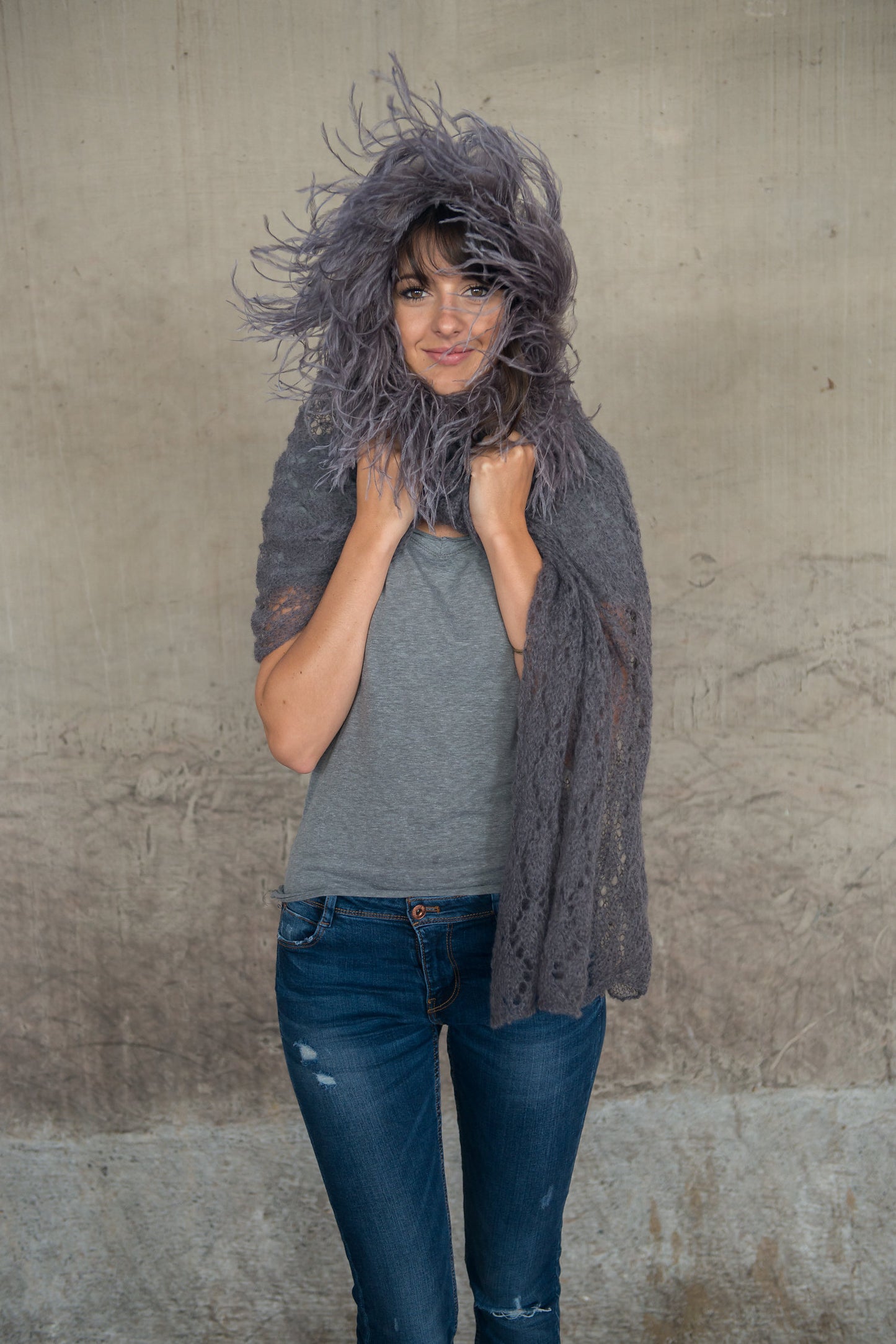 Mohair Lace Knit CAPE with Ostrich Feathers