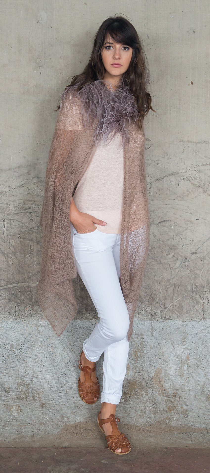 Mohair Lace Knit CAPE with Ostrich Feathers
