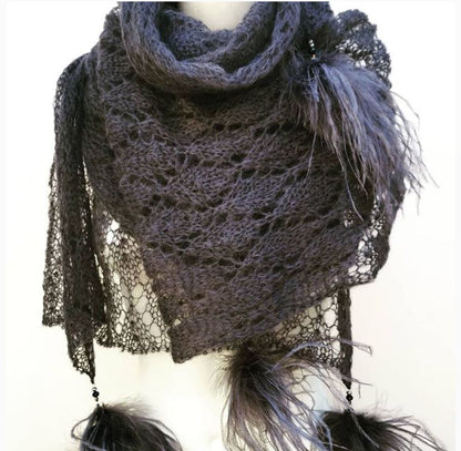 La Pluma Mohair Lace-Knit Shawl with Feather and Beads Trim