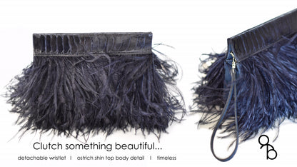 Ostrich Feather Clutch with Ostrich Shin Leather detail